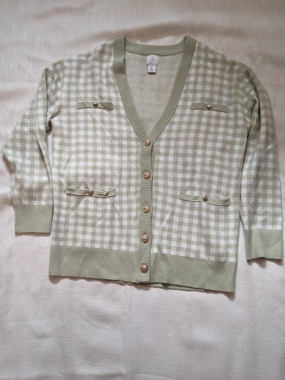 Joie green and white checkered grandpa cardigan with gold buttons